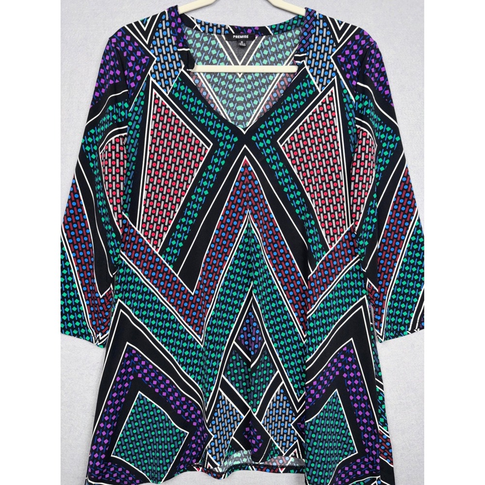 Premise Tunic Womens Medium Geometric Print V Neck 3/4 Sleeve Asymmetrical Hem